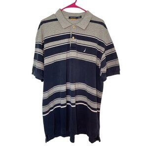Nautica Mens XXL S/S Polo Shirt Top Gray Navy Blue Stripe